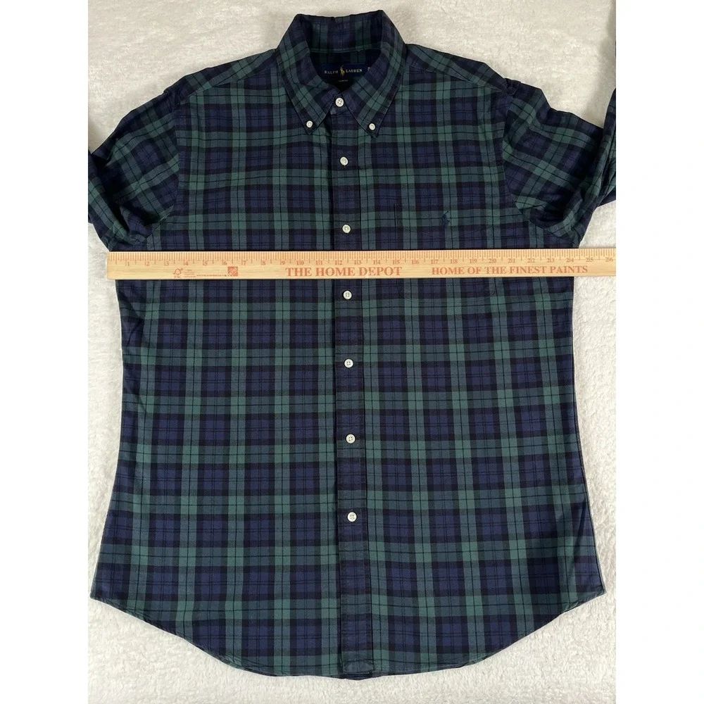 Polo Ralph Lauren Slim Fit Blue Green Plaid Cotton‎ L/S Btn Dwn Shirt Men's XL